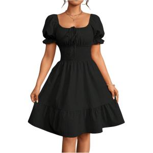 image:imageFloerns Womens Short Puff Sleeve Tie Front Milkmaid Dress Ruffle Hem A Line DressBlack