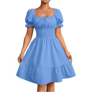image:imageFloerns Womens Short Puff Sleeve Tie Front Milkmaid Dress Ruffle Hem A Line DressBlue