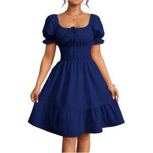 image:imageFloerns Womens Short Puff Sleeve Tie Front Milkmaid Dress Ruffle Hem A Line DressDark Blue