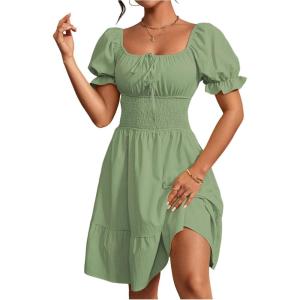 image:imageFloerns Womens Short Puff Sleeve Tie Front Milkmaid Dress Ruffle Hem A Line DressGreen