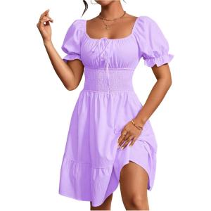 image:imageFloerns Womens Short Puff Sleeve Tie Front Milkmaid Dress Ruffle Hem A Line DressMauve Purple