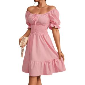 image:imageFloerns Womens Short Puff Sleeve Tie Front Milkmaid Dress Ruffle Hem A Line DressPink