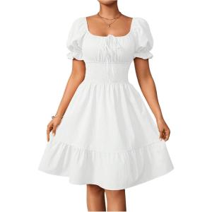 image:imageFloerns Womens Short Puff Sleeve Tie Front Milkmaid Dress Ruffle Hem A Line DressWhite