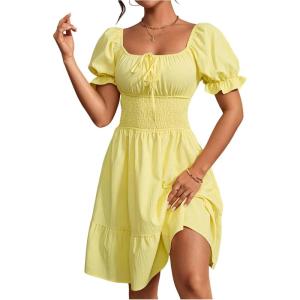 image:imageFloerns Womens Short Puff Sleeve Tie Front Milkmaid Dress Ruffle Hem A Line DressYellow