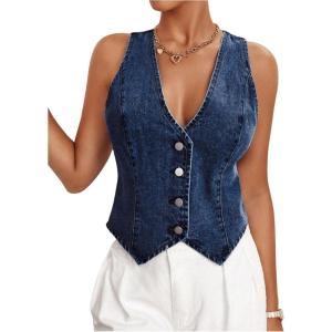 image:imageFloerns Womens Sleeveless Denim Vest Asymmetrical Hem Button Down WaistcoatDark Wash