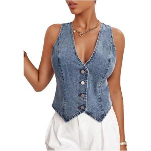 image:imageFloerns Womens Sleeveless Denim Vest Asymmetrical Hem Button Down WaistcoatLight Wash
