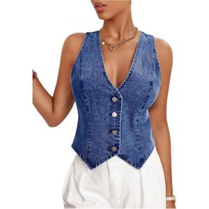 image:imageFloerns Womens Sleeveless Denim Vest Asymmetrical Hem Button Down WaistcoatMedium Wash