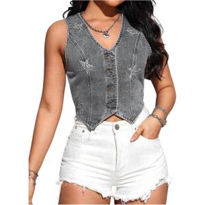 image:imageFloerns Womens Sleeveless Denim Vest Top Star Rhinestone Button Down WaistcoatGrey