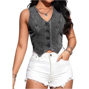 image:imageFloerns Womens Sleeveless Denim Vest Top Star Rhinestone Button Down WaistcoatLight Grey