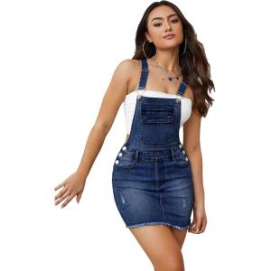 image:imageFloerns Womens Sleeveless Raw Hem High Waist Jumpsuit Flap Pocket Overall Denim Mini DressDark Blue