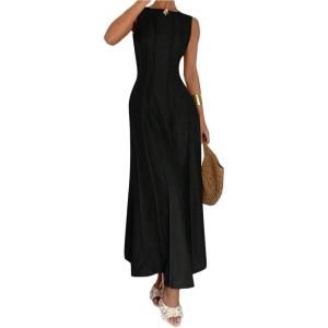 image:imageFloerns Womens Sleeveless Tank Dress Crew Neck A Line Evening Long Wedding Guest DressesBlack