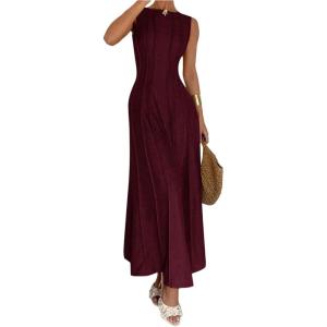 image:imageFloerns Womens Sleeveless Tank Dress Crew Neck A Line Evening Long Wedding Guest DressesBurgundy Pleated