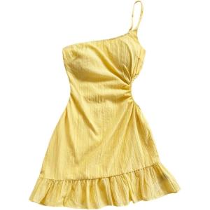 image:imageFloerns Womens Summer One Shoulder Mini Dress Cut Out Sleeveless Ruffle Beach DressesYellow