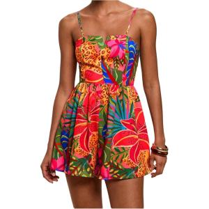 image:imageFloerns Womens Summer Rompers Tropical Spaghetti Strap Smocked Beach Vacation One Piece JumpsuitHot Pink