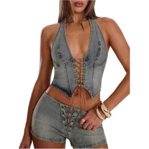 image:imageFloerns Womens Y2k Lace Up Denim Halter Top Sleeveless Open Back Crop Western Cowboy Tank TopsMedium Wash