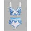 image:imageFloerns Womens 3 Piece Swimsuits Floral Print Bikini Sets with Beach Cover UpBlue and White