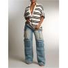 image:imageFloerns Womens Striped Half Sleeve Shirts Collared V Neck Oversized T ShirtsBrown Multi