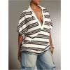image:imageFloerns Womens Striped Half Sleeve Shirts Collared V Neck Oversized T ShirtsBrown Multi