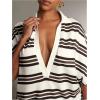 image:imageFloerns Womens Striped Half Sleeve Shirts Collared V Neck Oversized T ShirtsBrown Multi