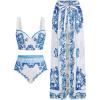 image:imageFloerns Womens 3 Piece Swimsuits Floral Print Bikini Sets with Beach Cover UpBlue and White