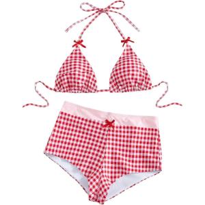 image:imageFloerns Womens 2 Piece Gingham Bikini Sets Halter Tops with Boyshorts Bathing SuitRed