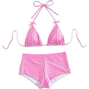image:imageFloerns Womens 2 Piece Gingham Bikini Sets Halter Tops with Boyshorts Bathing SuitRose Pink