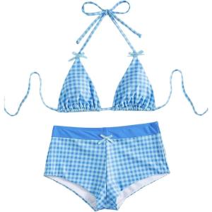 image:imageFloerns Womens 2 Piece Gingham Bikini Sets Halter Tops with Boyshorts Bathing SuitSky Blue
