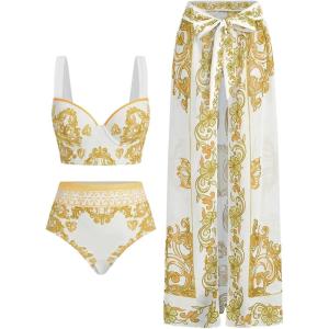image:imageFloerns Womens 3 Piece Swimsuits Floral Print Bikini Sets with Beach Cover UpYellow