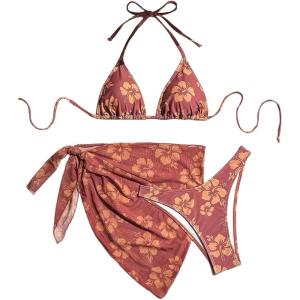 image:imageFloerns Womens 3 Piece Swimsuits Floral Triangle Bikini Set with Beach Cover Up SkirtBrown