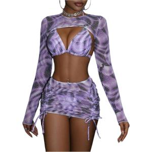 image:imageFloerns Womens 4 Piece Bikini Set Leopard Halter Triangle Swimsuit with Cover Up Top and SkirtsPurple