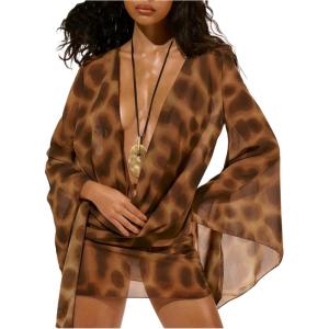 image:imageFloerns Womens Animal Print Swimsuit Cover Up Sundress Deep V Cowl Neck Bell Sleeve Beach Vacation Mini DressCoffee Brown