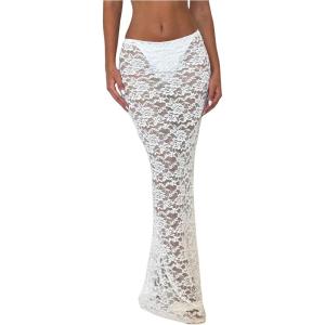 image:imageFloerns Womens Beach Cover Ups Floral Lace See Through Bodycon Swimsuit Maxi SkirtWhite