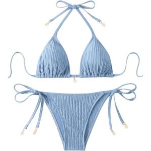 image:imageFloerns Womens Bikini Set Textured Halter Triangle Tie Side Bottom 2 Piece Bathing SuitBlue