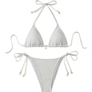 image:imageFloerns Womens Bikini Set Textured Halter Triangle Tie Side Bottom 2 Piece Bathing SuitWhite