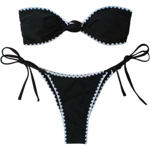 image:imageFloerns Womens Bikini Set Twist Strapless Bandeau Tie Side String Bathing SuitBlack