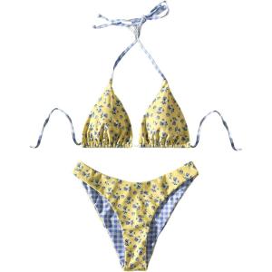 image:imageFloerns Womens Bikini Sets 2 Piece Floral Triangle Halter Swimsuit Plaid Cute Bathing SuitBlue and Yellow