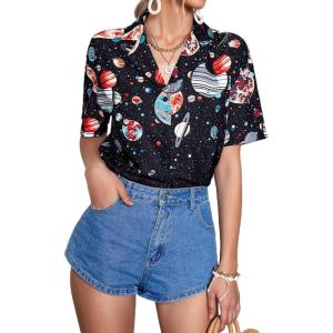 image:imageFloerns Womens Casual V Neck Collared Button Up Blouse Top Print Summer ShirtA Black Multi