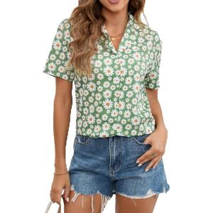 image:imageFloerns Womens Casual V Neck Collared Button Up Blouse Top Print Summer ShirtGreen Flower
