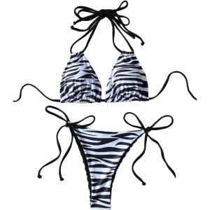 image:imageFloerns Womens Cheeky Bikini Sets Zebra Print Halter String Swimsuit High Waist 2 Piece Bathing SuitBlack White Zebra