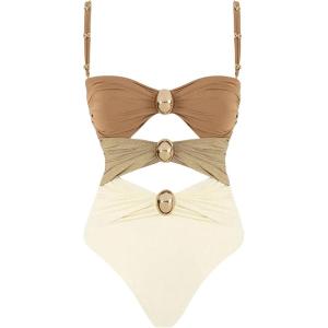 image:imageFloerns Womens Colorblock Cut Out Front One Piece Swimsuit Tummy Control Bathing SuitBrown