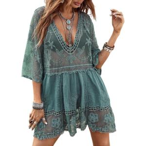 image:imageFloerns Womens Contrast Lace Plunging V Neck Bikini Cover Up Beach Dress Bathing SuitA Green