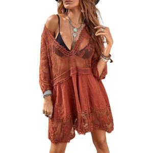 image:imageFloerns Womens Contrast Lace Plunging V Neck Bikini Cover Up Beach Dress Bathing SuitBurnt Orange