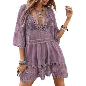 image:imageFloerns Womens Contrast Lace Plunging V Neck Bikini Cover Up Beach Dress Bathing SuitPurple