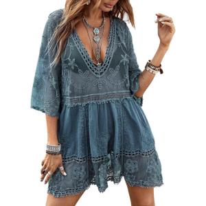 image:imageFloerns Womens Contrast Lace Plunging V Neck Bikini Cover Up Beach Dress Bathing SuitSky Blue