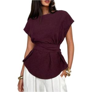 image:imageFloerns Womens Dolman Sleeve Blouse Top Cross Wrap Boat Neck Tie Back Dressy Casual ShirtsBurgundy