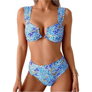 image:imageFloerns Womens Floral Bikini Sets V Wire High Waisted Swimsuit 2 Piece Bathing SuitBlue