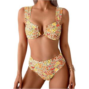 image:imageFloerns Womens Floral Bikini Sets V Wire High Waisted Swimsuit 2 Piece Bathing SuitOrange