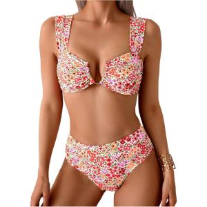 image:imageFloerns Womens Floral Bikini Sets V Wire High Waisted Swimsuit 2 Piece Bathing SuitPink