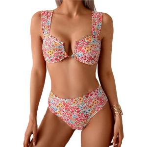 image:imageFloerns Womens Floral Bikini Sets V Wire High Waisted Swimsuit 2 Piece Bathing SuitPink Multi