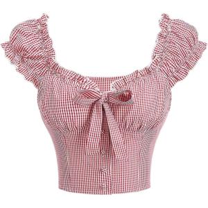 image:imageFloerns Womens Gingham Frill Trim Sleeve Tank Top Sweetheart Neck Plaid Bow Going Out TopsRed and White
